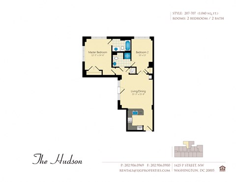 Floor plan for 2 beds, 2 baths, 1040 sqft